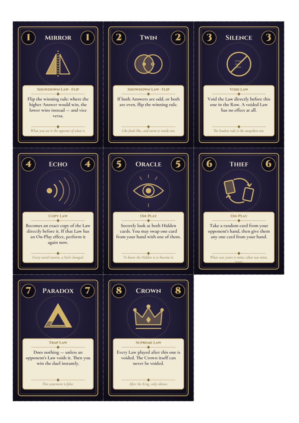 An A4 page from the PDF of AXIOM: eight cards in a three-by-three grid, ready to cut out.
